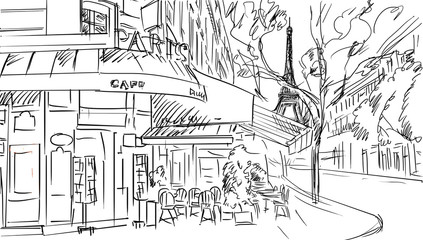 Fototapete Abbildung Paris Skizzierte Strassenszene aus Paris  © ZoomTeam