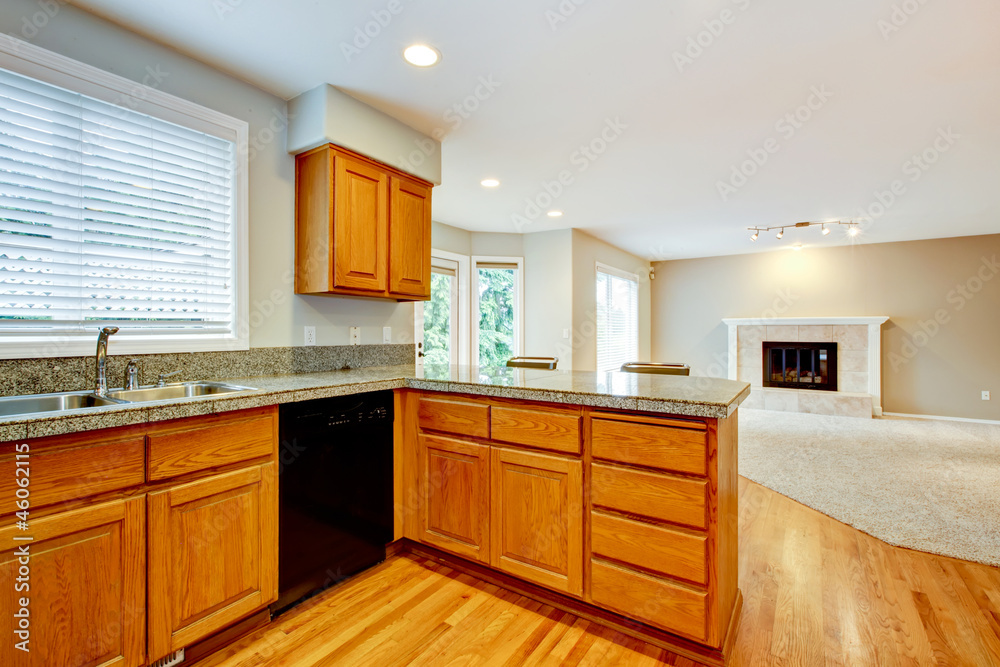 Large empty open kitchen with living room house interior. Large empty open kitchen with living room house interior.