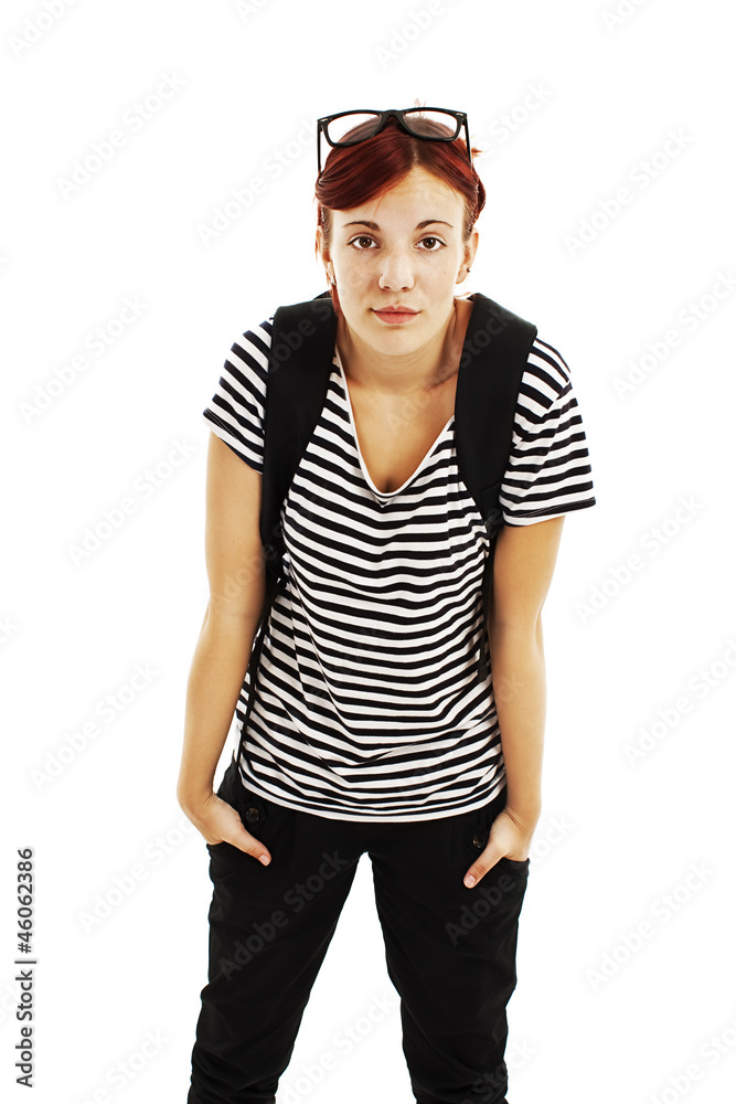 Young pretty confused student girl on white background Young pretty confused student girl on white background