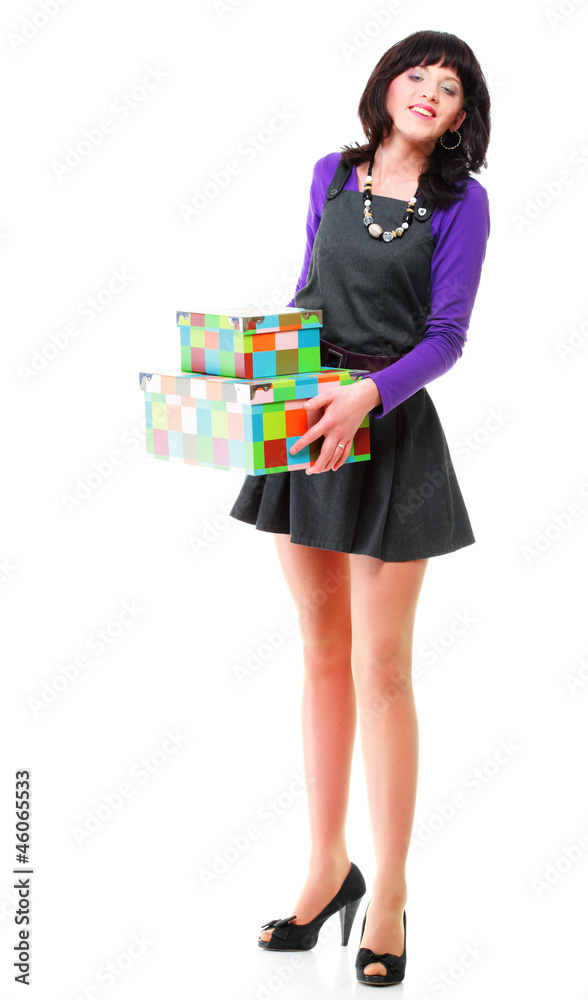 Woman carrying moving boxes Young woman box isolated Woman carrying moving boxes Young woman box isolated