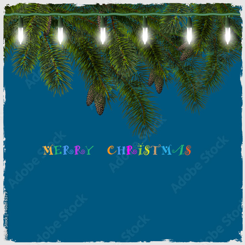 Christmas card with fir tree branch and lights