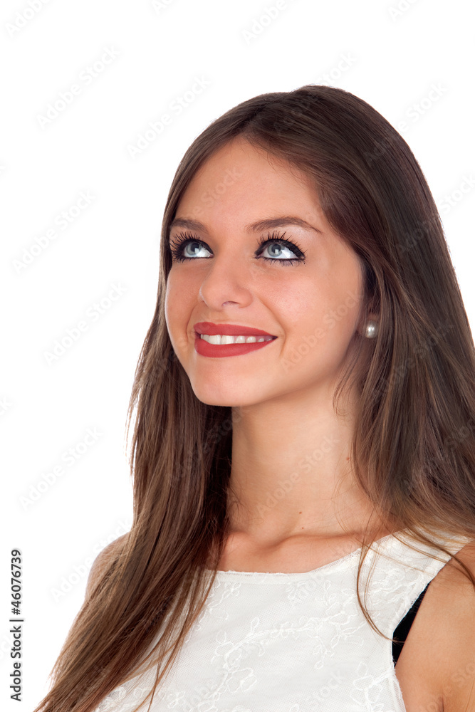Attractive woman with blue eyes looking up Attractive woman with blue eyes looking up