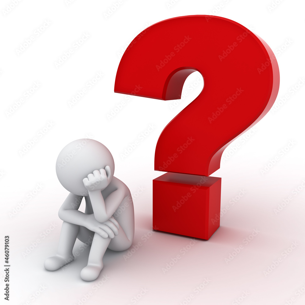 3d man sitting with red question mark over white background 3d man sitting with red question mark over white background