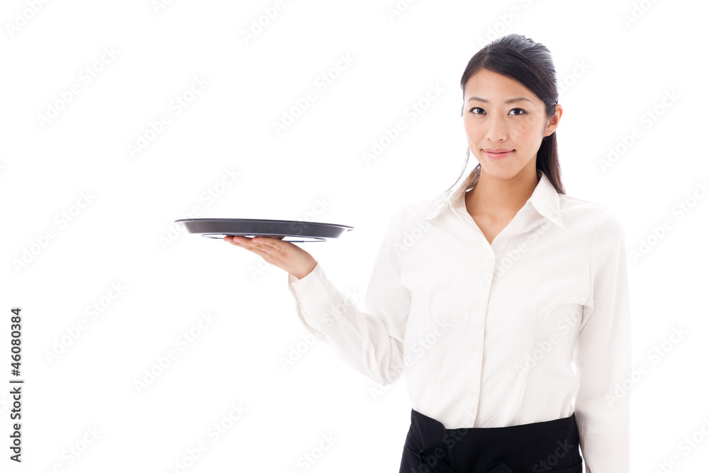 a young asian waitress on white background a young asian waitress on white background