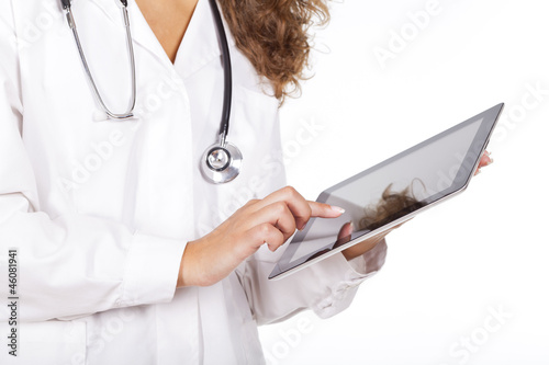 doctor working with a tablet, on white background