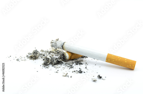 Burning cigarette with ashes isolated on white background