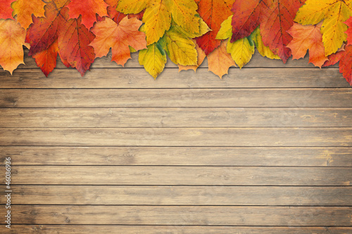 Fotografie Autumn leaves over wooden