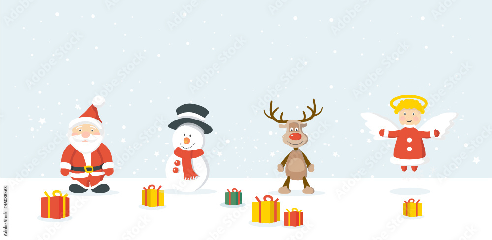 Weihnachtsmann, Schneemann, Rudolph, Geschenke