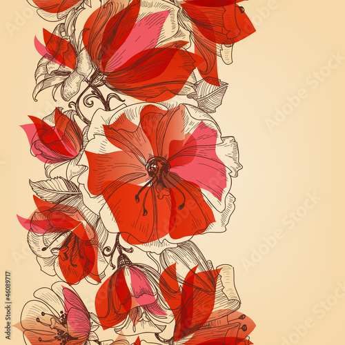 Red flowers seamless pattern in retro style