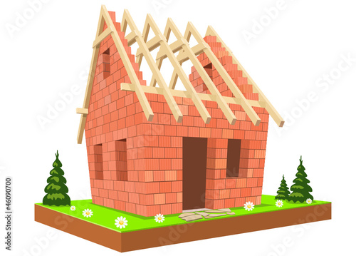 Illustration. New unfinished home on green grass