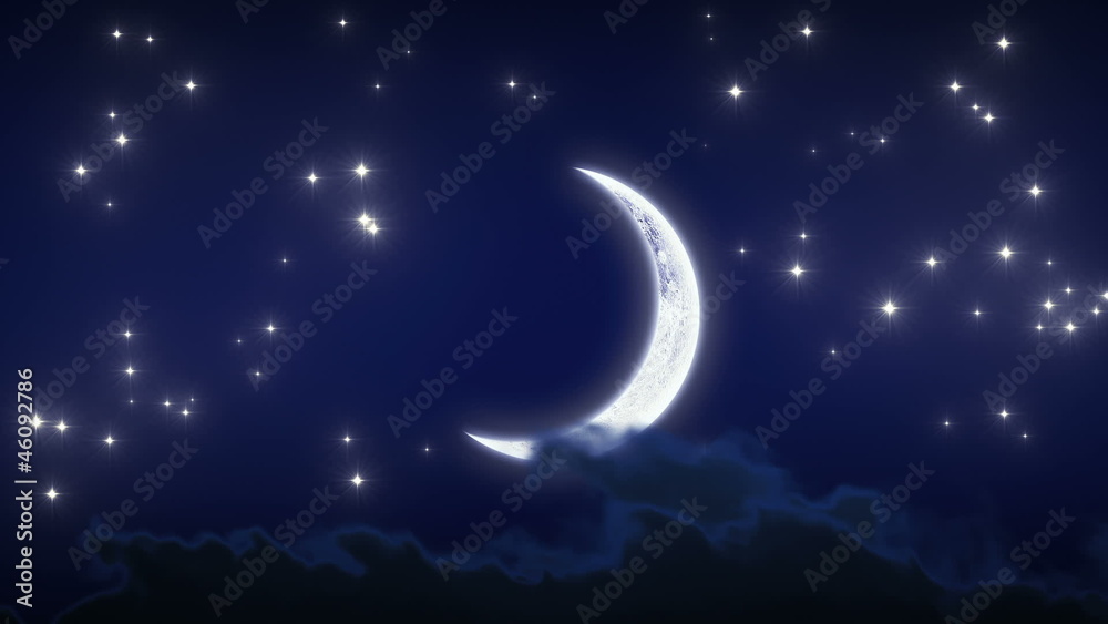 Beautiful New Moon with Stars and Clouds. Looped animation