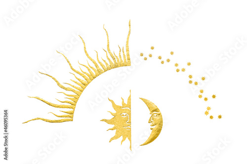 crescent and sun with stars isolated on white