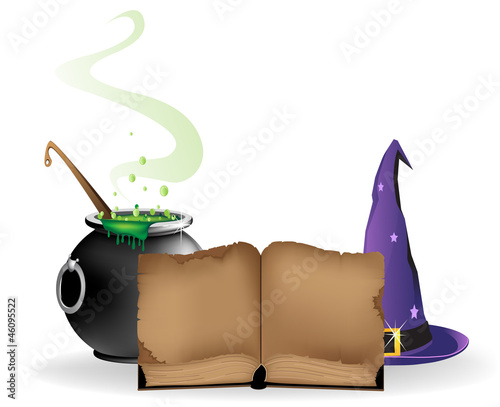 Old book, hat and cauldron