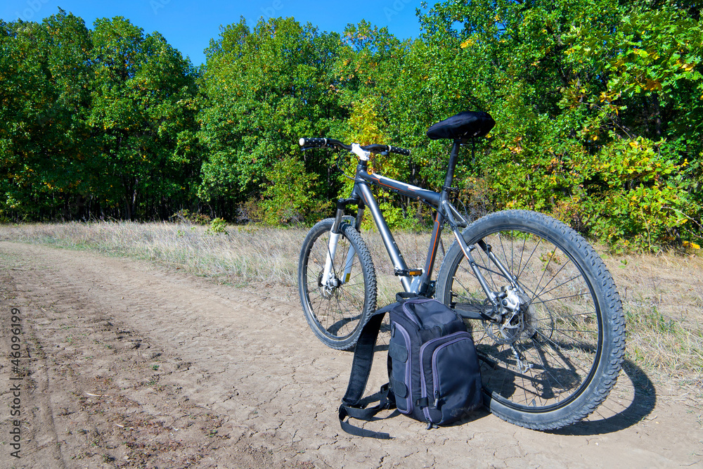 Bicycle and backpack on a road near forest