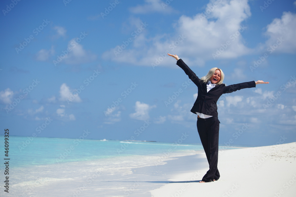 happy business woman on the ocean coast happy business woman on the ocean coast