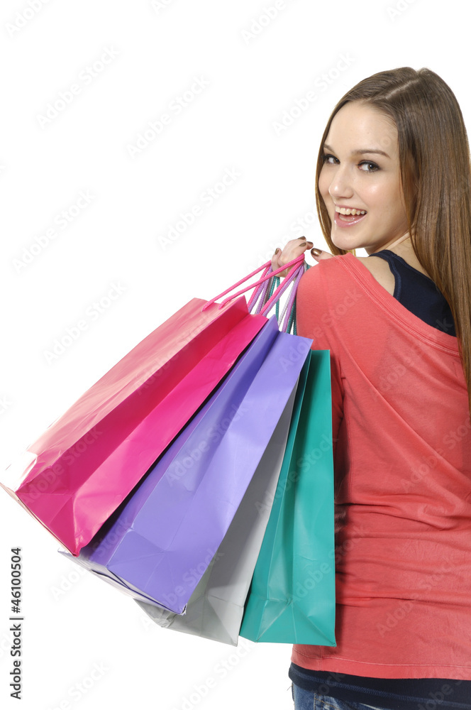 happy shopping girl holding bags