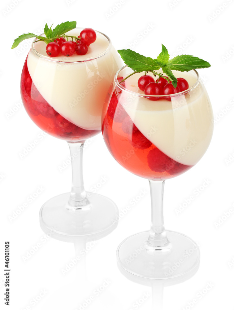 fruit jelly with chocolate and berries in glasses isolated fruit jelly with chocolate and berries in glasses isolated