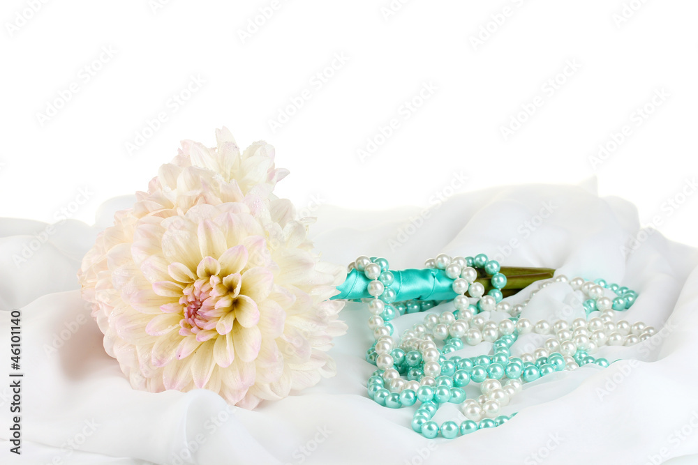 Wedding bouquet of white dahlias and a box