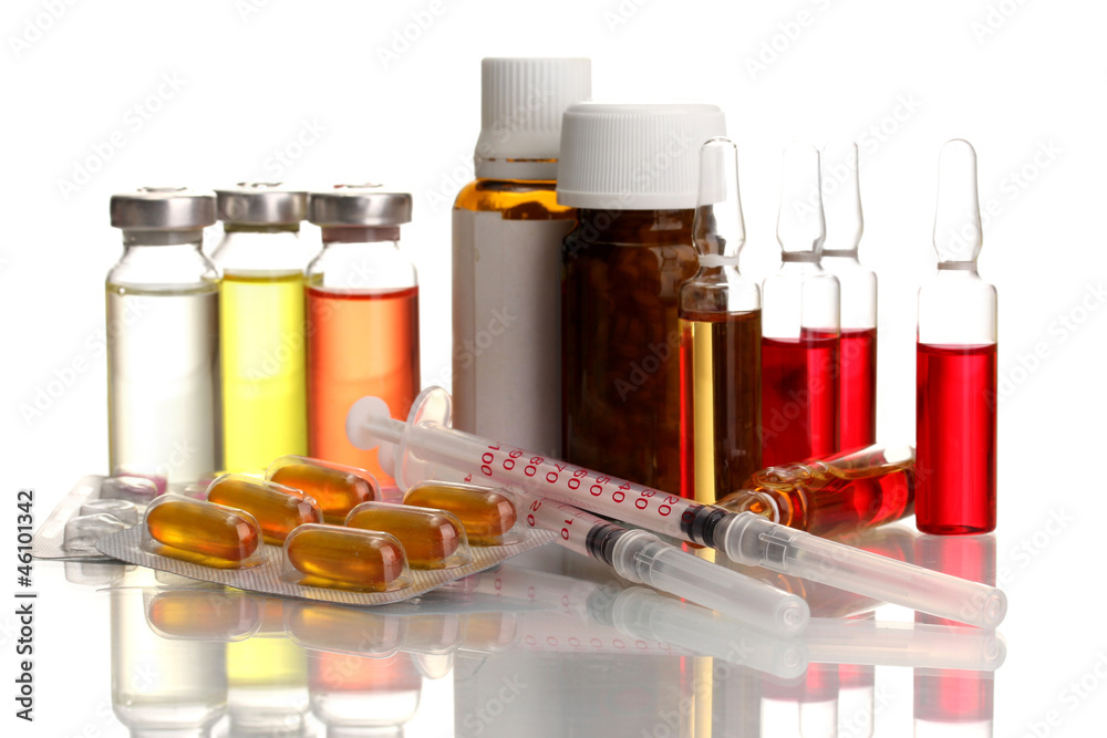 medical ampules, bottles, pills and syringes, isolated on white medical ampules, bottles, pills and syringes, isolated on white