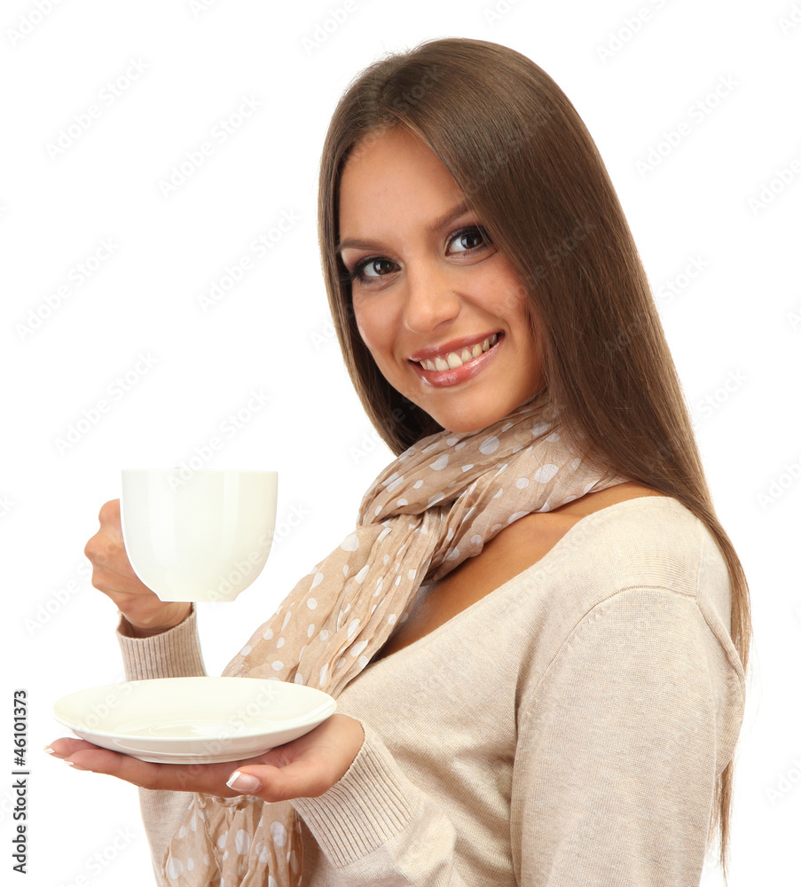 beautiful young woman with cup of coffee, isolated on white beautiful young woman with cup of coffee, isolated on white