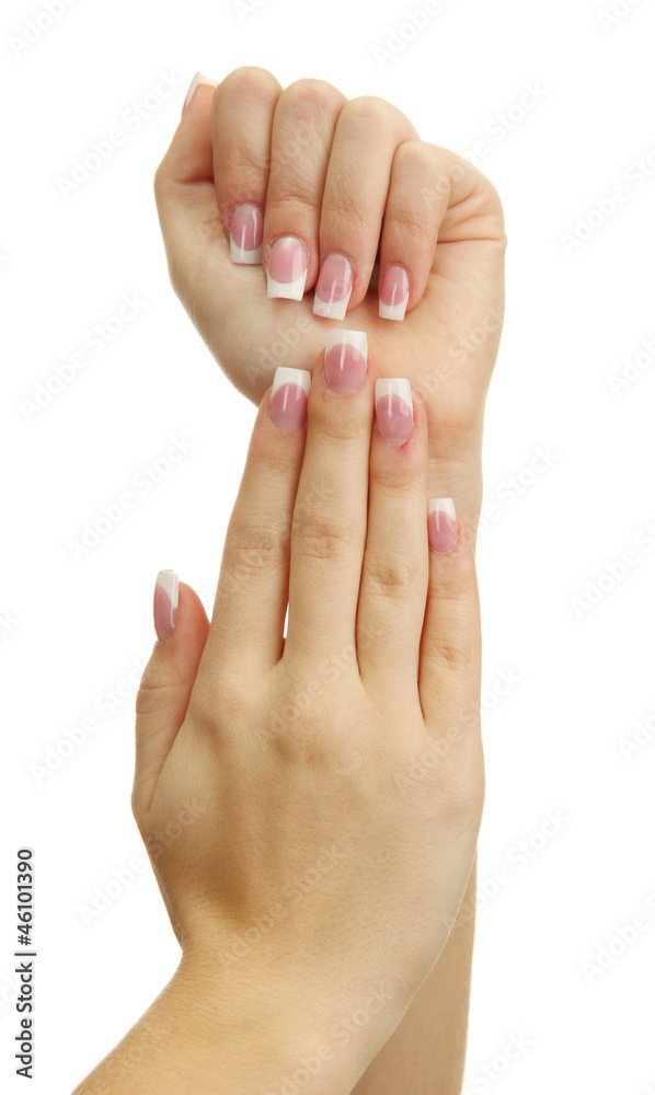 Beautiful woman hands with french manicure, isolated on white Beautiful woman hands with french manicure, isolated on white