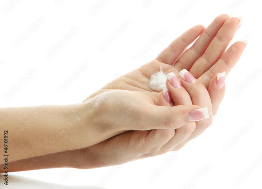 Beautiful woman hands with cream, isolated on white Beautiful woman hands with cream, isolated on white