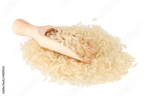 rice  in wooden scoop isolated on white background