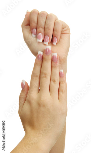 Beautiful woman hands with french manicure, isolated on white