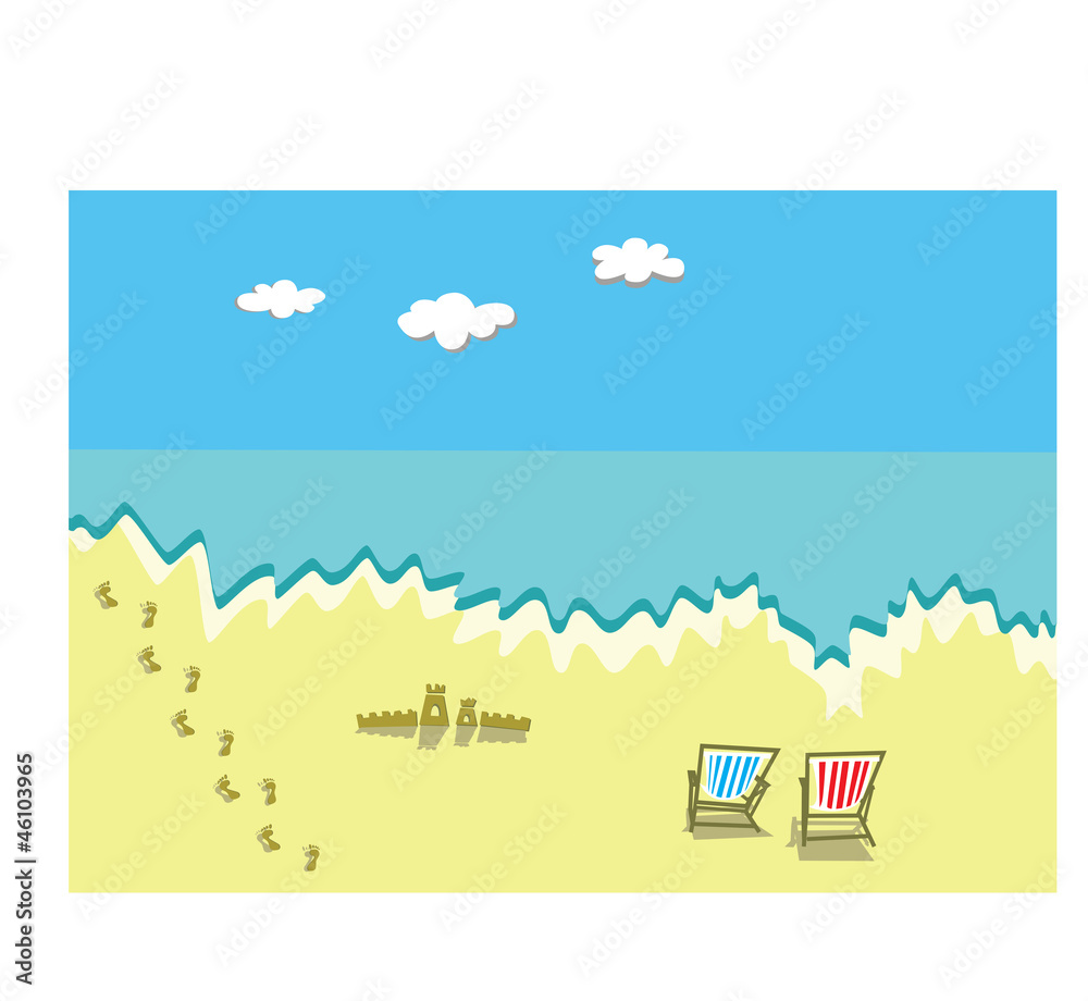 Summer seaside landscape with beach, two sunbeds, sand castle and footprints vector illustration