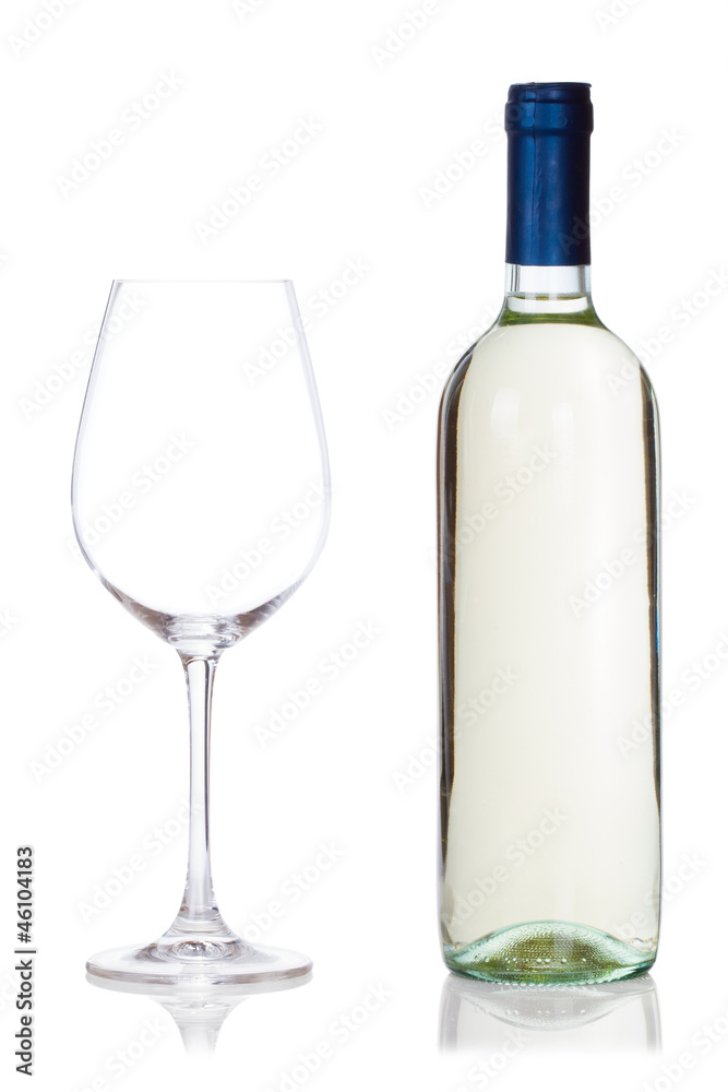 bottle of wine and glass isolated on white