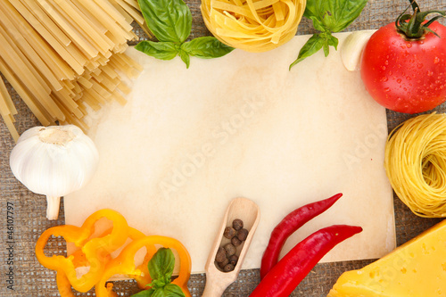 paper for recipes, spaghetti with vegetables and spices,