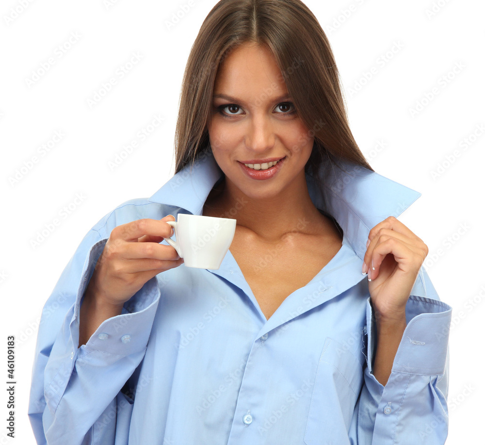 beautiful young woman with cup of coffee, isolated on white beautiful young woman with cup of coffee, isolated on white