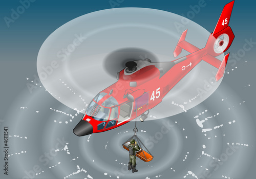 isometric red helicopter in flight in rescue