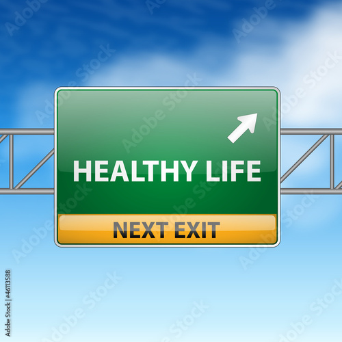 Healthy life concept with road sign on blue sky