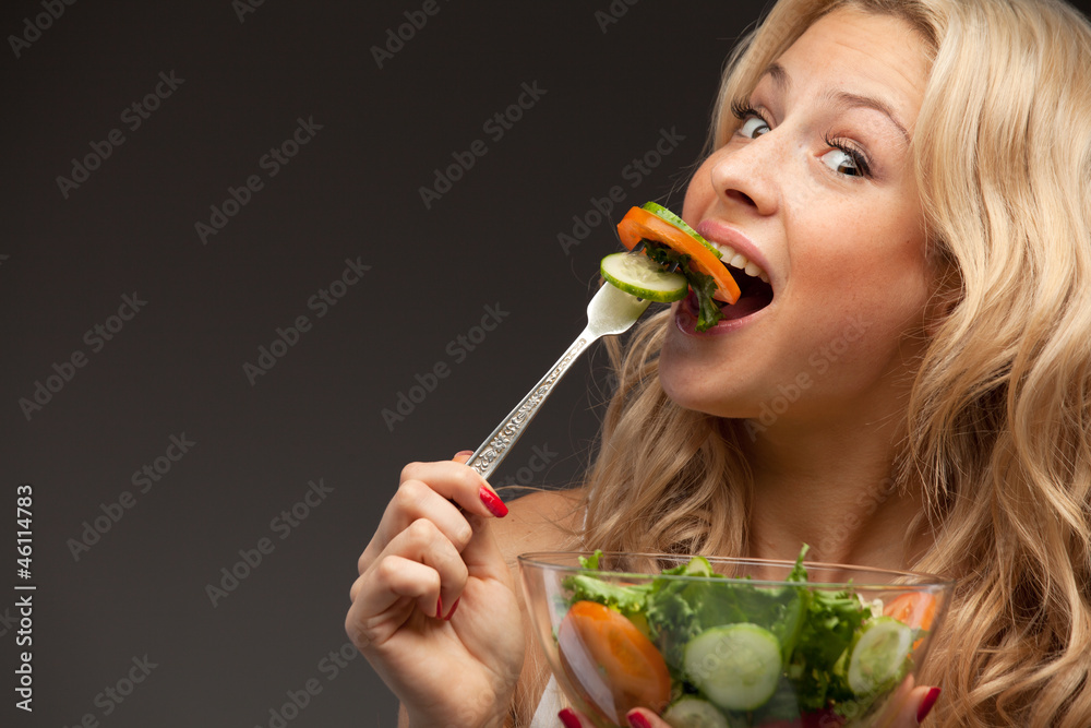 happy healthy woman with salad happy healthy woman with salad