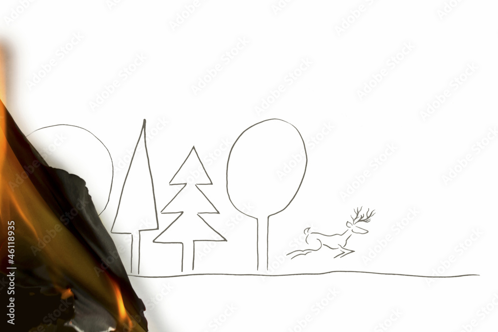 Drawing of a deer escaping from forest