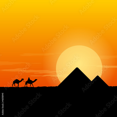 Camel Caravan and Pyramid