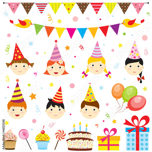 Set of vector birthday party elements with cute kids