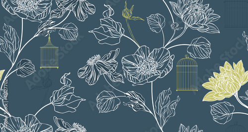 Pattern background with flowers and birdcages