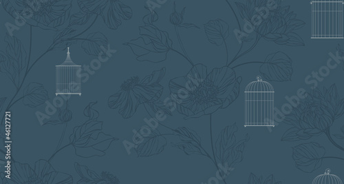 Tablou canvas wallpaper with birdcage and flowers