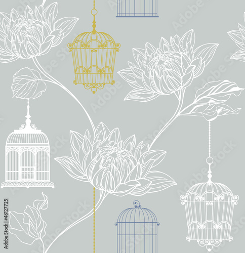 vector pattern of flowers and birdcage