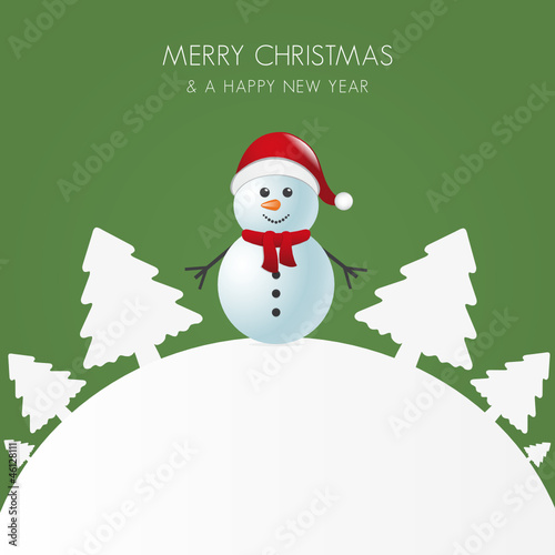 snowman with scarf white tree background world