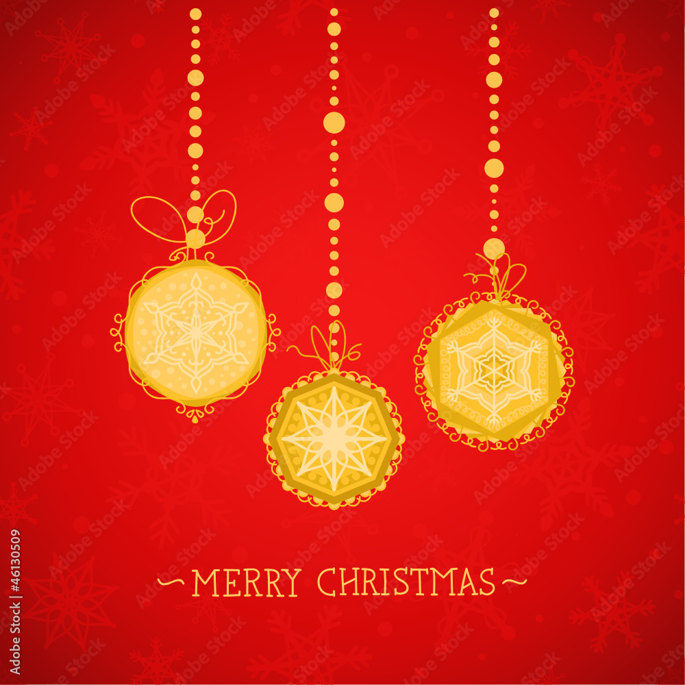 Christmas ornaments, gold, red background