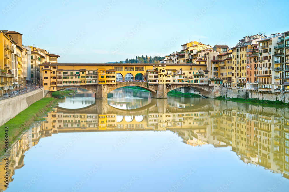 Ponte Vecchio landmark, old bridge, Arno river in Florence. Tusc