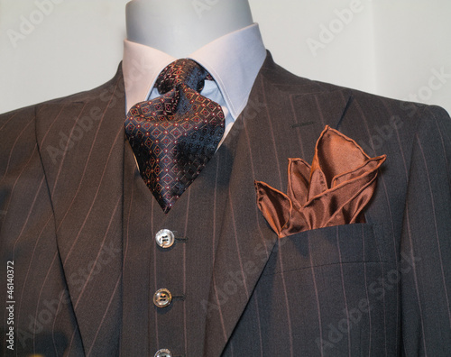 Dark Brown Striped Jacket, Patterned Tie and Tan Handkerchief (H