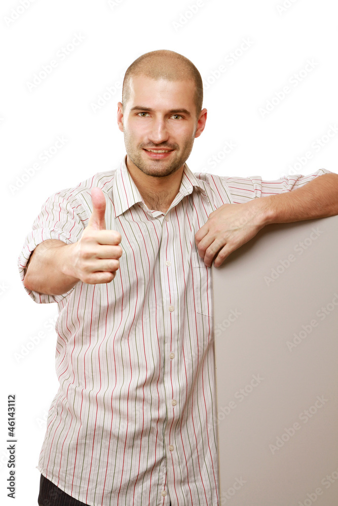 Happy handsome man showing thumbs up look Happy handsome man showing thumbs up look