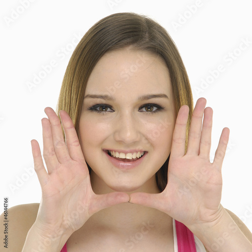 Smile woman's face and hands isolated