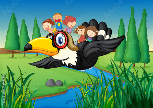 a river, a bird and kids