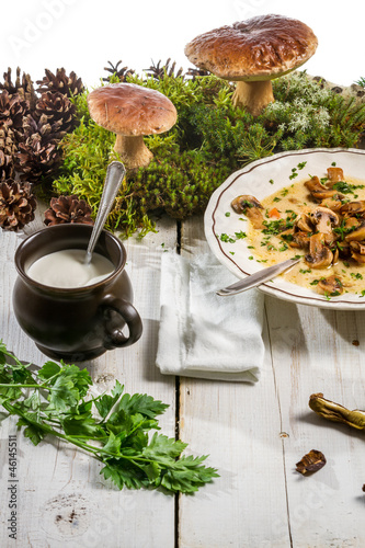 Fresh ingredients for mushroom soup