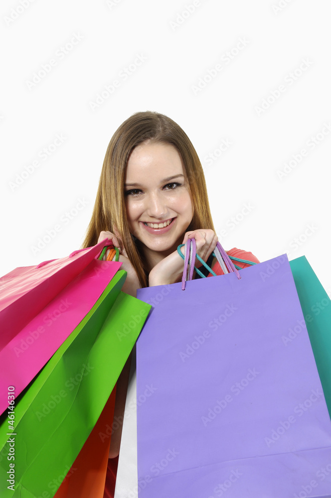 happy shopping girl holding bags happy shopping girl holding bags